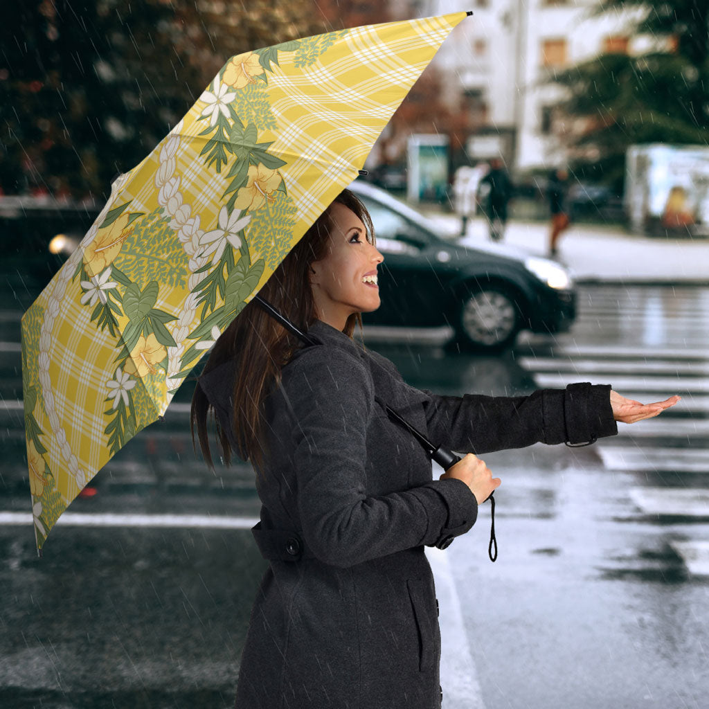 Aloha Puakenikeni Anthurium Pikake Lei Umbrella Gold Hawaiian Palaka Pattern