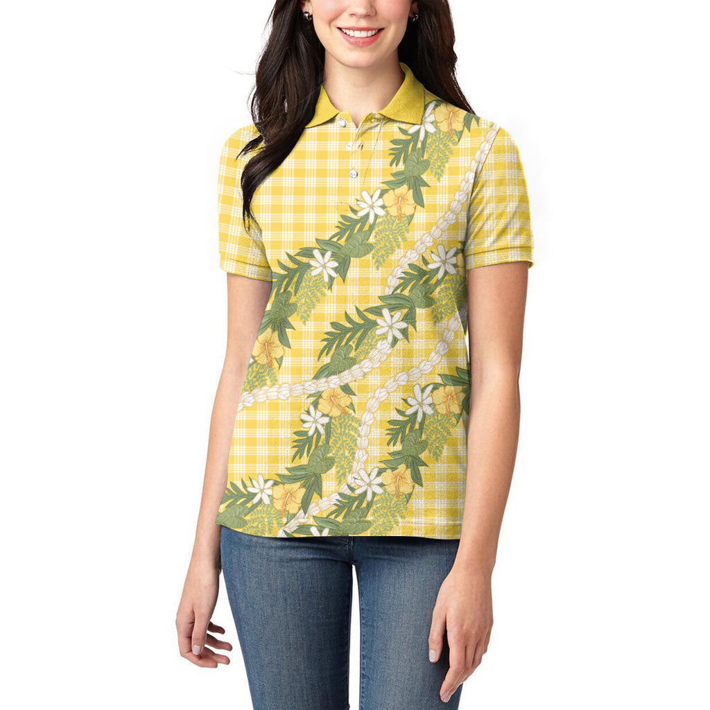 Aloha Puakenikeni Anthurium Pikake Lei Women Polo Shirt Gold Hawaiian Palaka Pattern