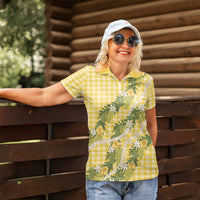 Aloha Puakenikeni Anthurium Pikake Lei Women Polo Shirt Gold Hawaiian Palaka Pattern