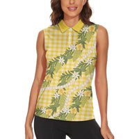 Aloha Puakenikeni Anthurium Pikake Lei Women Sleeveless Polo Shirt Gold Hawaiian Palaka Pattern