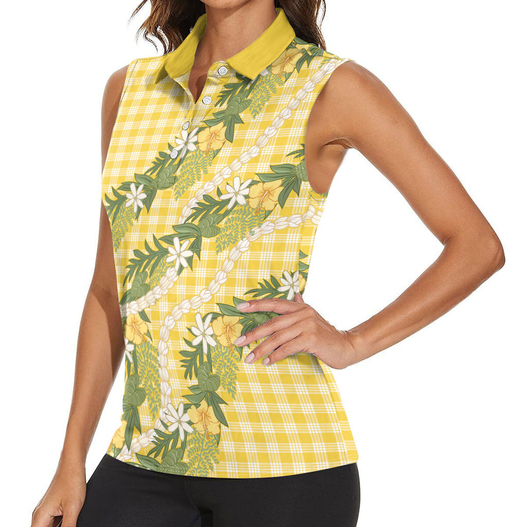 Aloha Puakenikeni Anthurium Pikake Lei Women Sleeveless Polo Shirt Gold Hawaiian Palaka Pattern