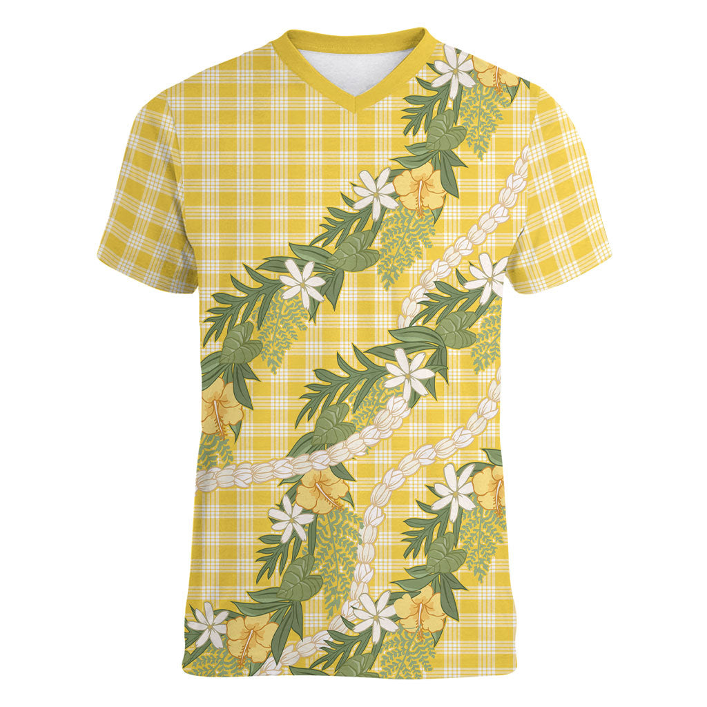 Aloha Puakenikeni Anthurium Pikake Lei Women V-Neck T-Shirt Gold Hawaiian Palaka Pattern LT9 Female Gold - Polynesian Pride
