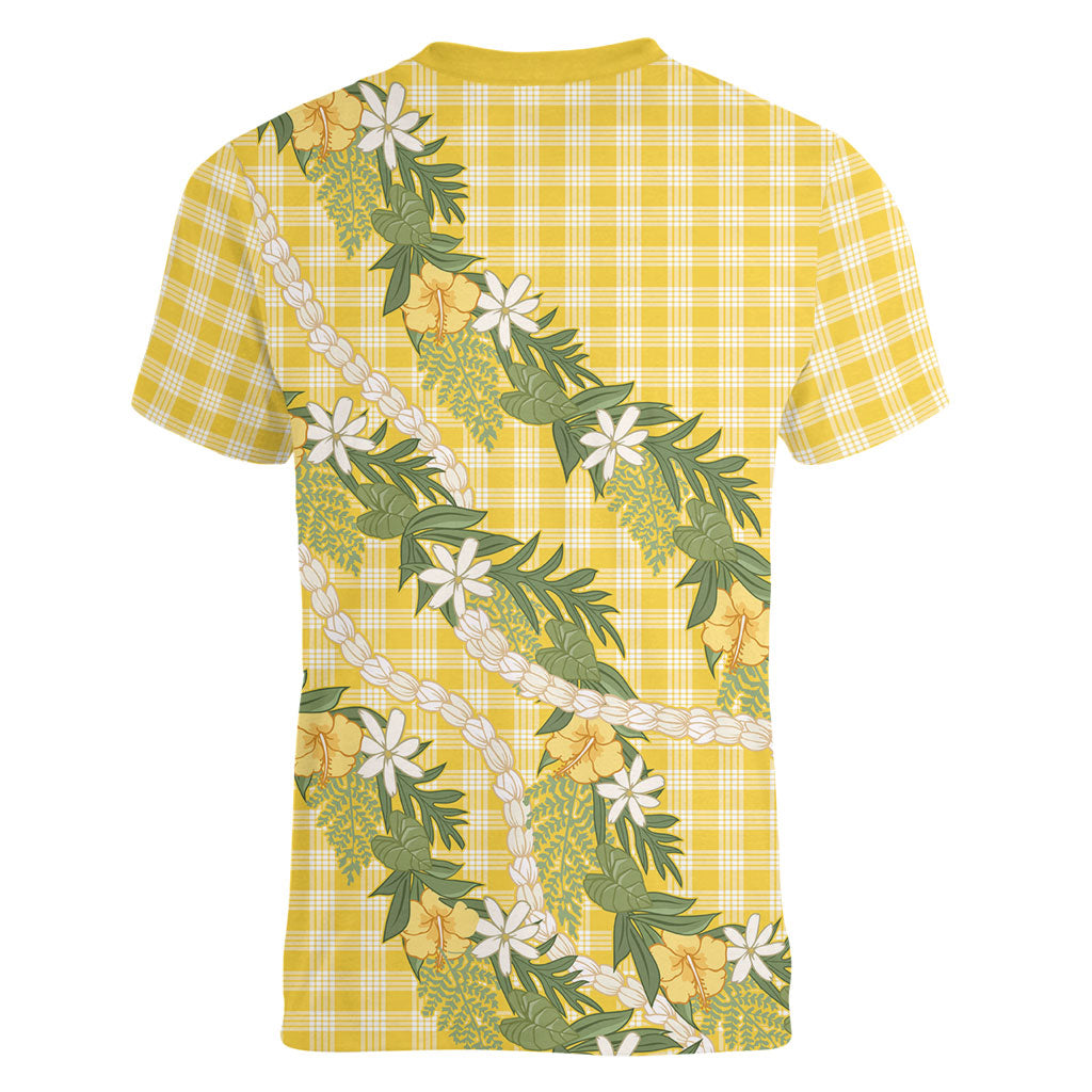 Aloha Puakenikeni Anthurium Pikake Lei Women V-Neck T-Shirt Gold Hawaiian Palaka Pattern