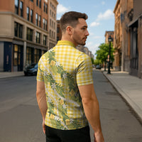 Aloha Puakenikeni Anthurium Pikake Lei Zipper Polo Shirt Gold Hawaiian Palaka Pattern