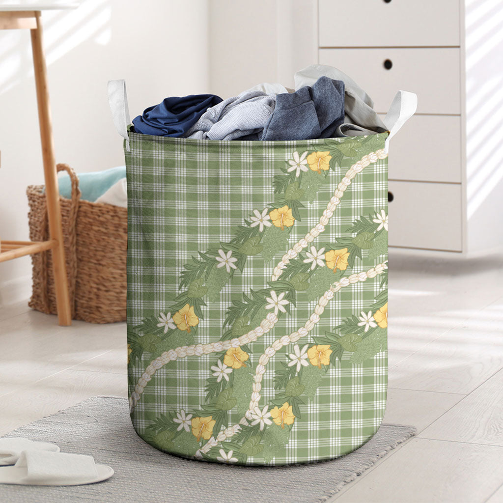 Aloha Puakenikeni Anthurium Pikake Lei Laundry Basket Green Hawaiian Palaka Pattern LT9 Green - Polynesian Pride