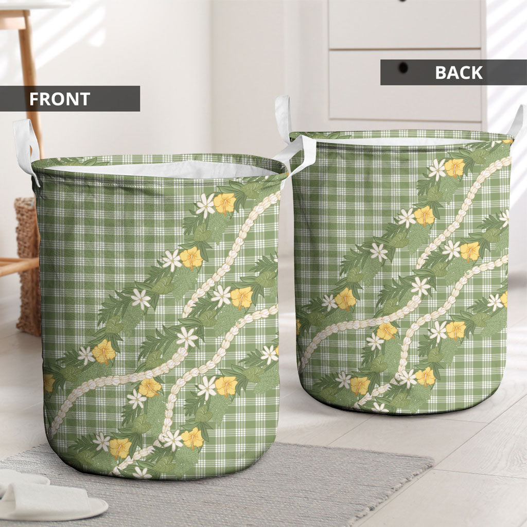 Aloha Puakenikeni Anthurium Pikake Lei Laundry Basket Green Hawaiian Palaka Pattern