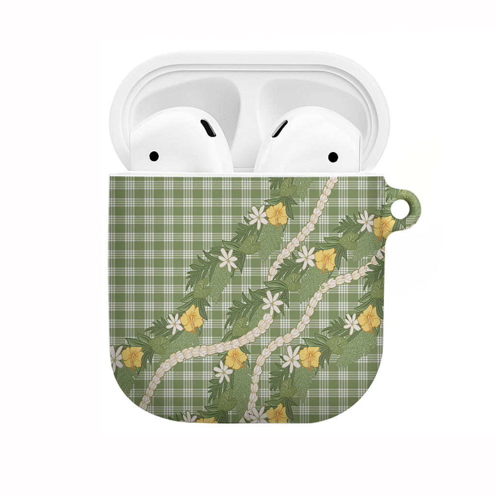 Aloha Puakenikeni Anthurium Pikake Lei AirPods Case Green Hawaiian Palaka Pattern