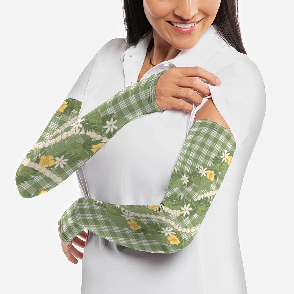 Aloha Puakenikeni Anthurium Pikake Lei Arm Sleeves Green Hawaiian Palaka Pattern