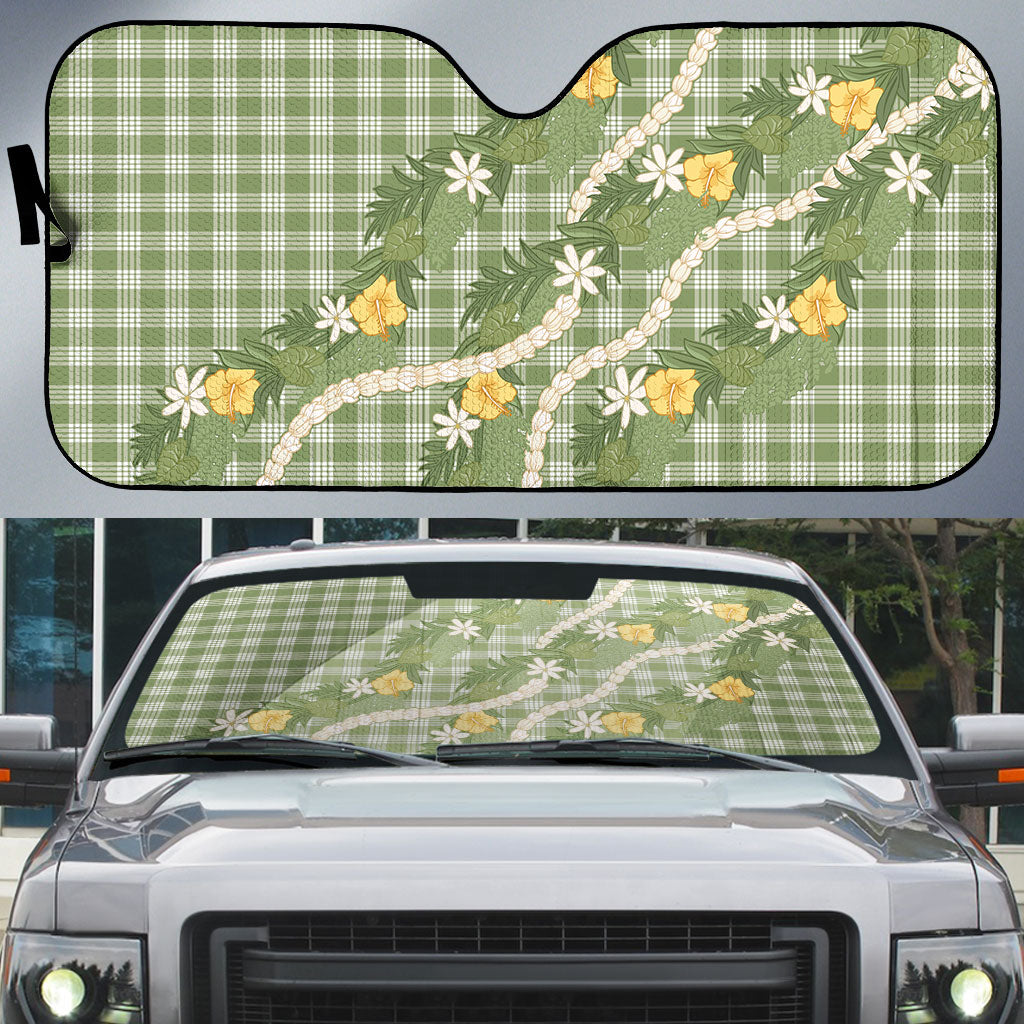 Aloha Puakenikeni Anthurium Pikake Lei Auto Sun Shade Green Hawaiian Palaka Pattern