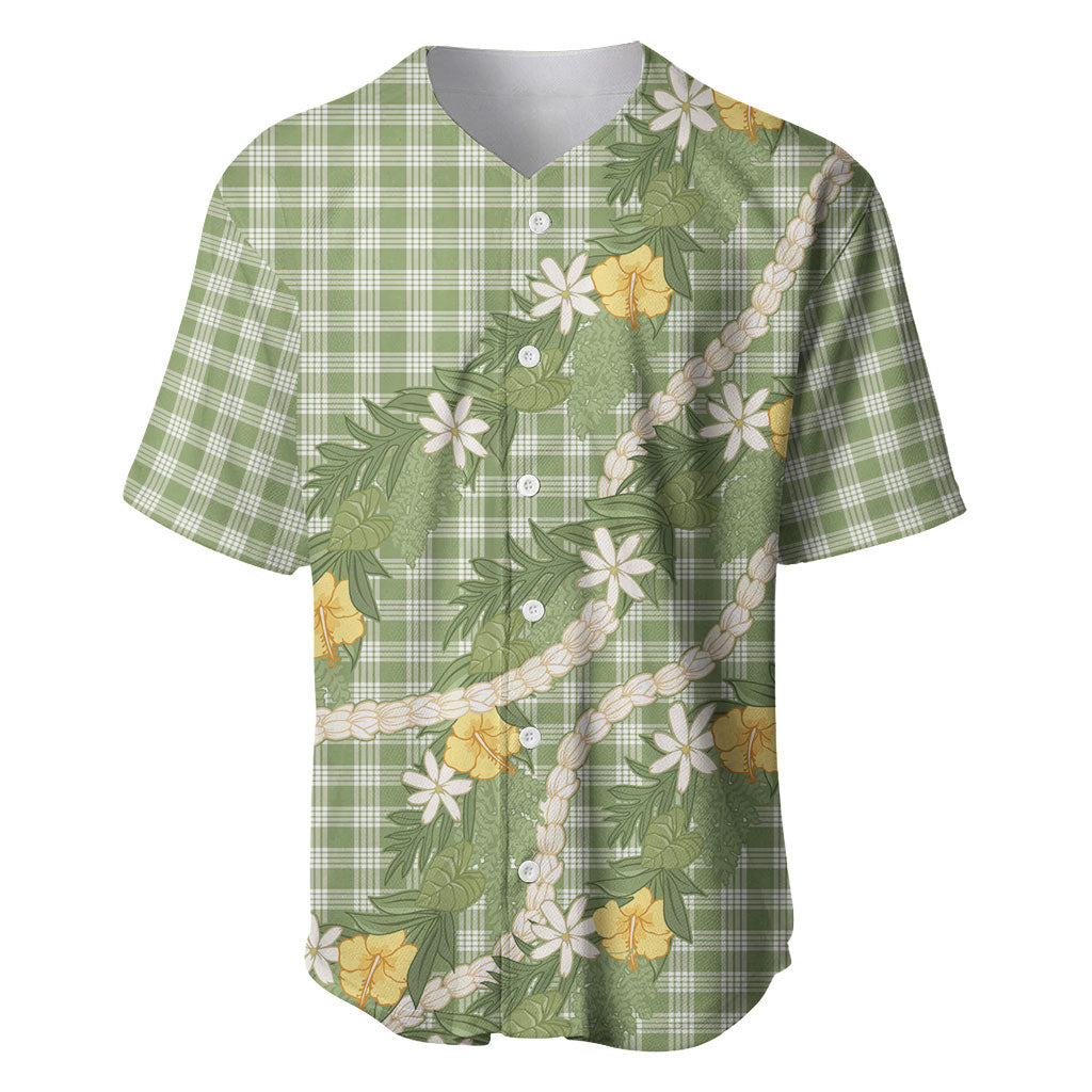 Aloha Puakenikeni Anthurium Pikake Lei Baseball Jersey Green Hawaiian Palaka Pattern LT9 Green - Polynesian Pride
