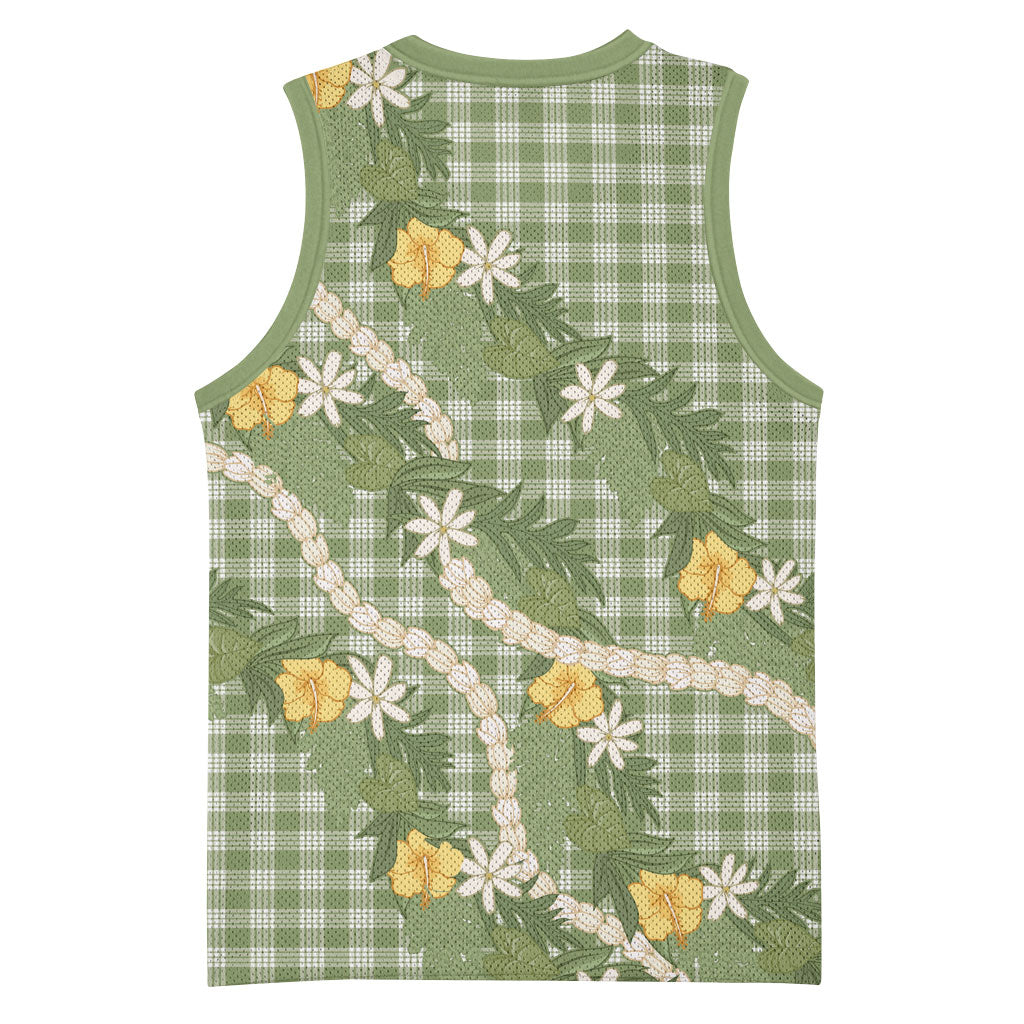 Aloha Puakenikeni Anthurium Pikake Lei Basketball Jersey Green Hawaiian Palaka Pattern