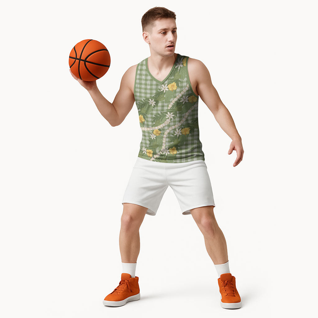 Aloha Puakenikeni Anthurium Pikake Lei Basketball Jersey Green Hawaiian Palaka Pattern