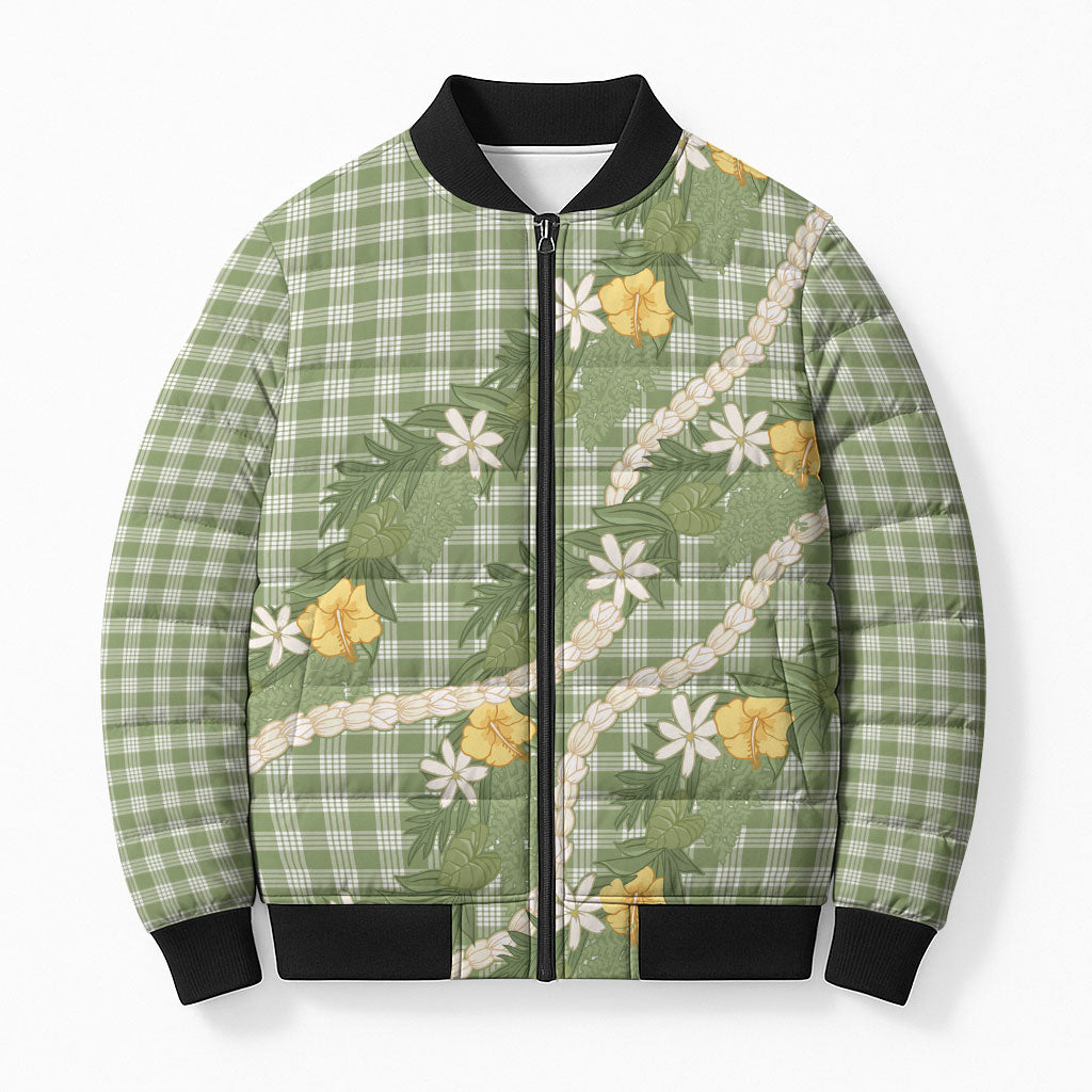 Aloha Puakenikeni Anthurium Pikake Lei Bomber Puffer Jacket Green Hawaiian Palaka Pattern LT9 Unisex Green - Polynesian Pride