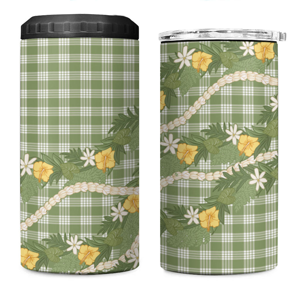 Aloha Puakenikeni Anthurium Pikake Lei 4 in 1 Can Cooler Tumbler Green Hawaiian Palaka Pattern