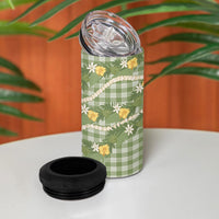 Aloha Puakenikeni Anthurium Pikake Lei 4 in 1 Can Cooler Tumbler Green Hawaiian Palaka Pattern