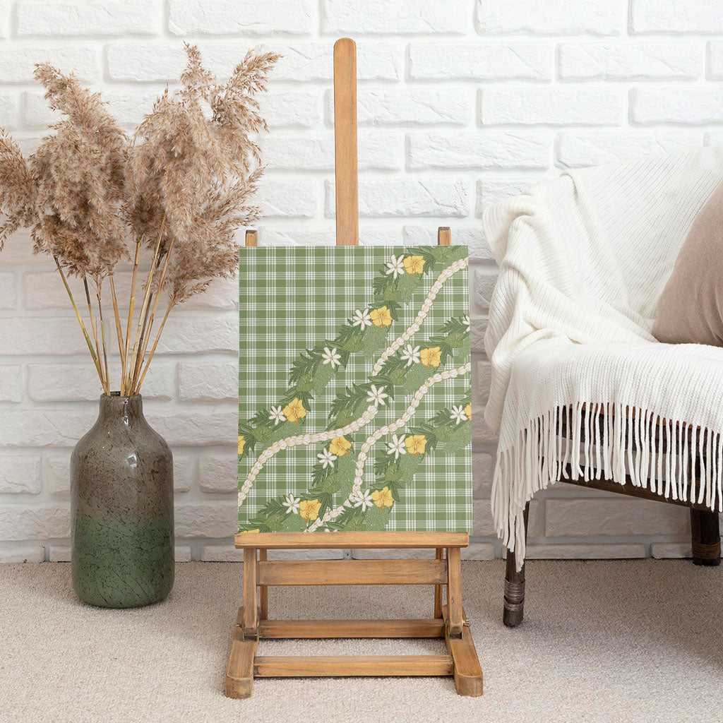 Aloha Puakenikeni Anthurium Pikake Lei Canvas Wall Art Green Hawaiian Palaka Pattern