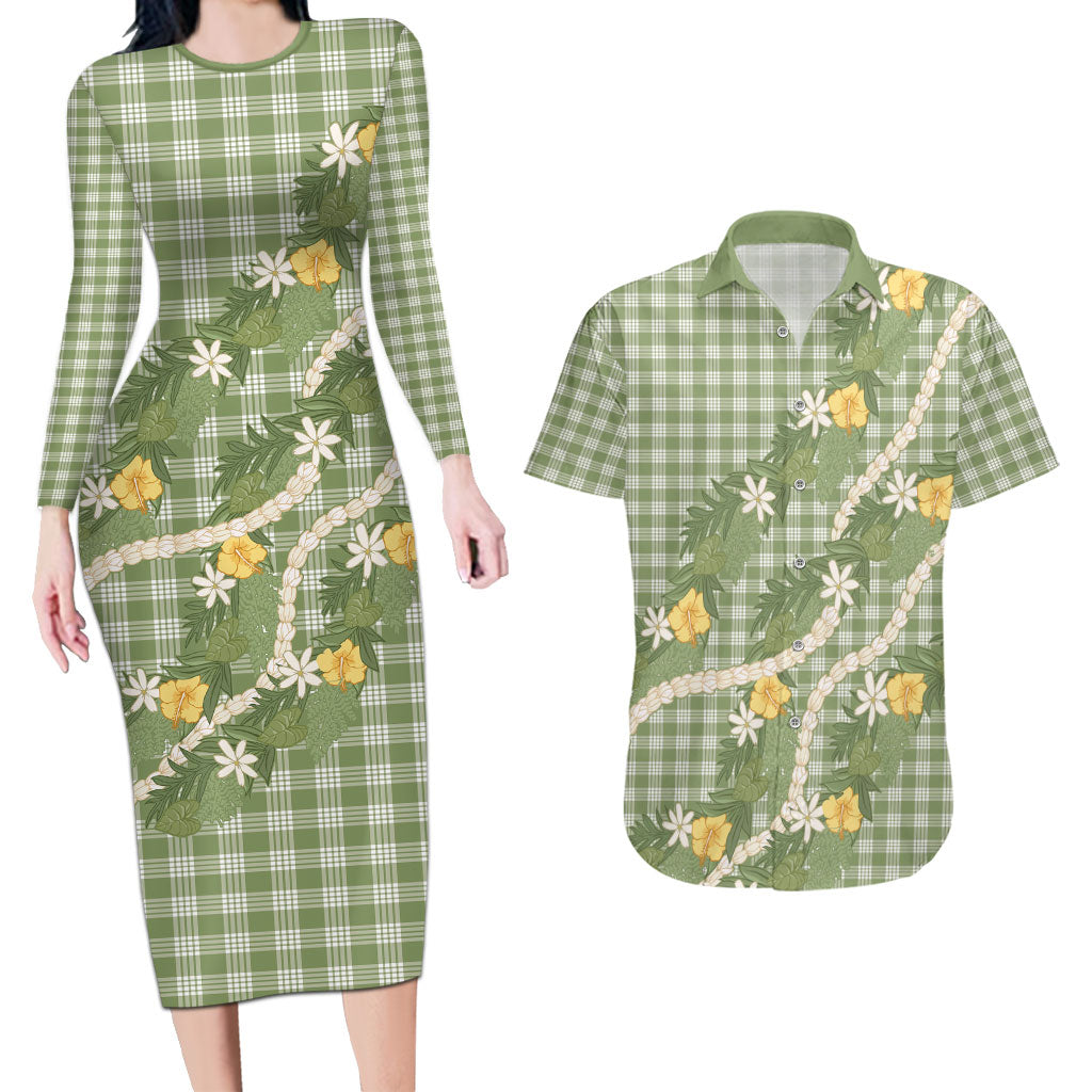Aloha Puakenikeni Anthurium Pikake Lei Couples Matching Long Sleeve Bodycon Dress and Hawaiian Shirt Green Hawaiian Palaka Pattern