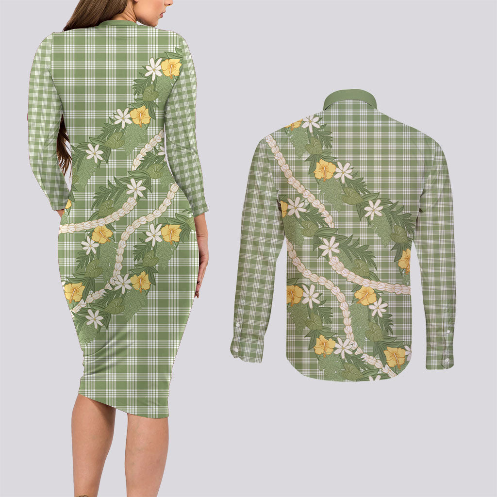 Aloha Puakenikeni Anthurium Pikake Lei Couples Matching Long Sleeve Bodycon Dress and Long Sleeve Button Shirt Green Hawaiian Palaka Pattern