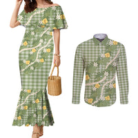 Aloha Puakenikeni Anthurium Pikake Lei Couples Matching Mermaid Dress and Long Sleeve Button Shirt Green Hawaiian Palaka Pattern