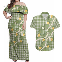 Aloha Puakenikeni Anthurium Pikake Lei Couples Matching Off Shoulder Maxi Dress and Hawaiian Shirt Green Hawaiian Palaka Pattern