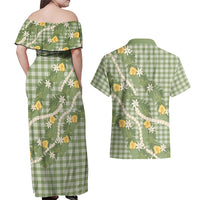 Aloha Puakenikeni Anthurium Pikake Lei Couples Matching Off Shoulder Maxi Dress and Hawaiian Shirt Green Hawaiian Palaka Pattern