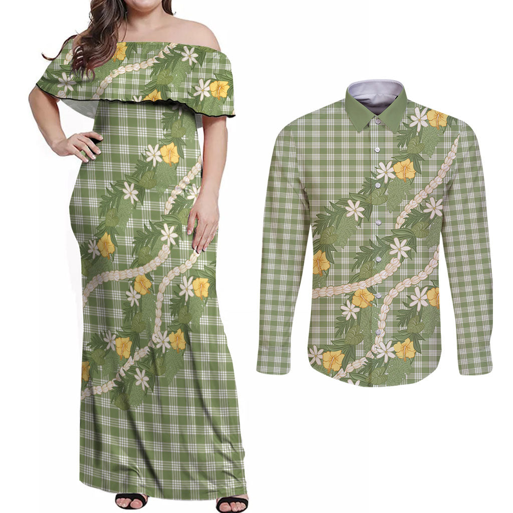 Aloha Puakenikeni Anthurium Pikake Lei Couples Matching Off Shoulder Maxi Dress and Long Sleeve Button Shirt Green Hawaiian Palaka Pattern
