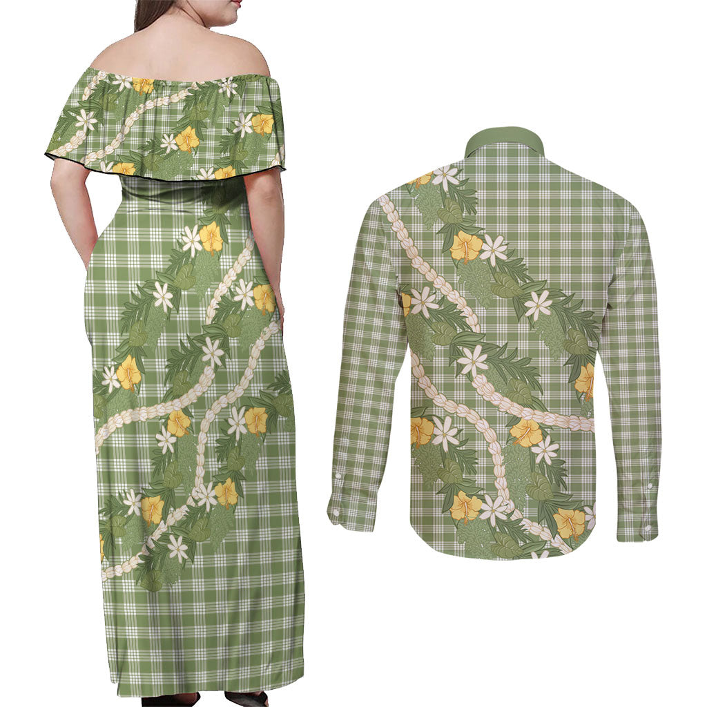 Aloha Puakenikeni Anthurium Pikake Lei Couples Matching Off Shoulder Maxi Dress and Long Sleeve Button Shirt Green Hawaiian Palaka Pattern