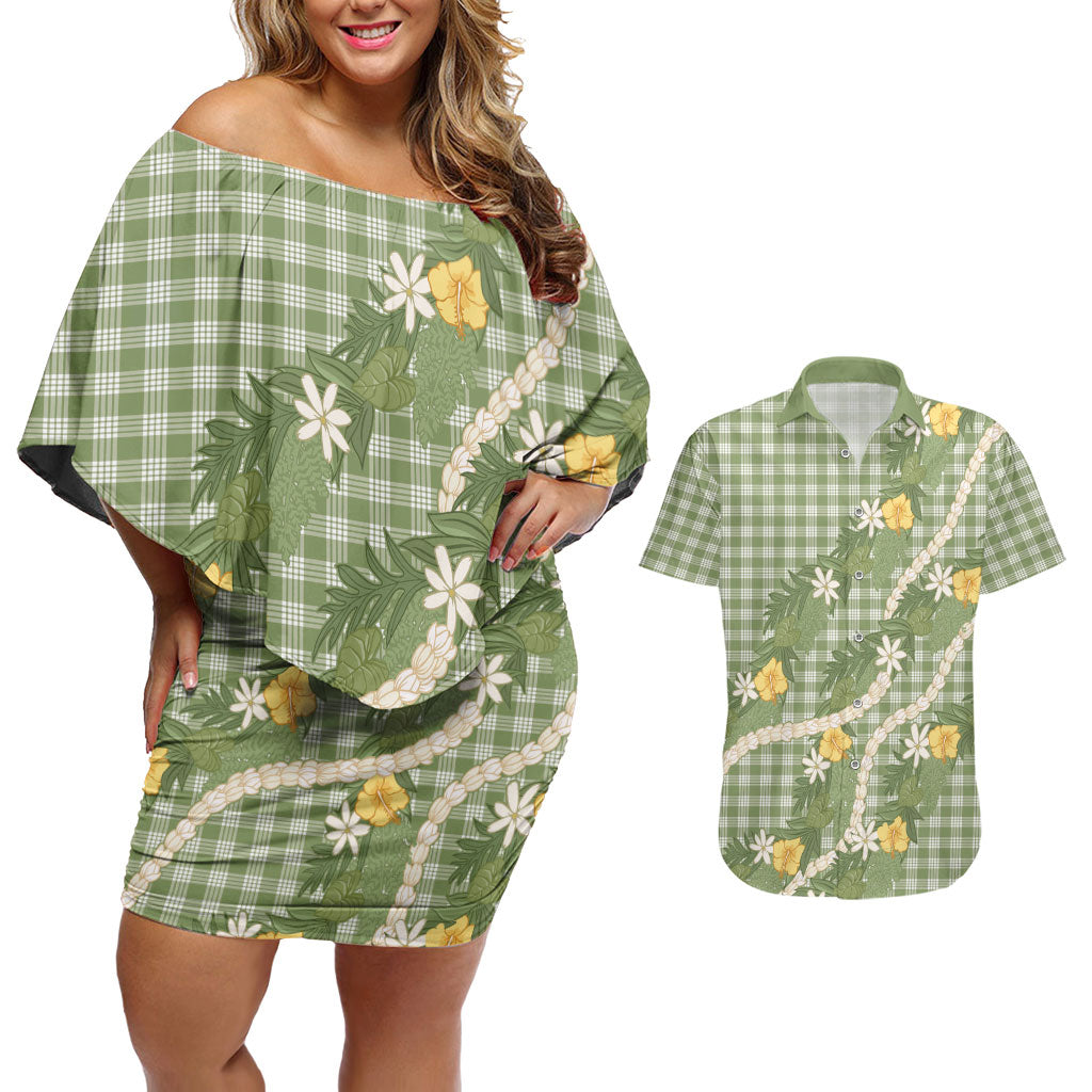 Aloha Puakenikeni Anthurium Pikake Lei Couples Matching Off Shoulder Short Dress and Hawaiian Shirt Green Hawaiian Palaka Pattern LT9 Green - Polynesian Pride