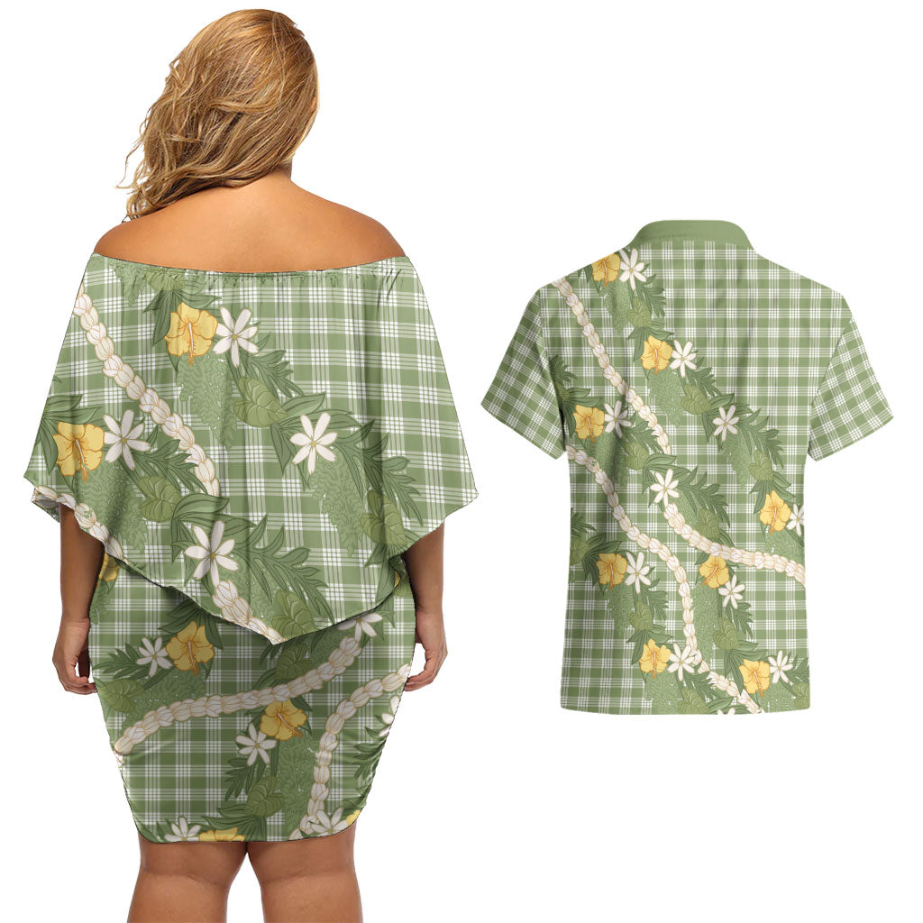 Aloha Puakenikeni Anthurium Pikake Lei Couples Matching Off Shoulder Short Dress and Hawaiian Shirt Green Hawaiian Palaka Pattern