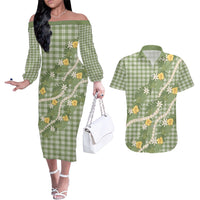 Aloha Puakenikeni Anthurium Pikake Lei Couples Matching Off The Shoulder Long Sleeve Dress and Hawaiian Shirt Green Hawaiian Palaka Pattern