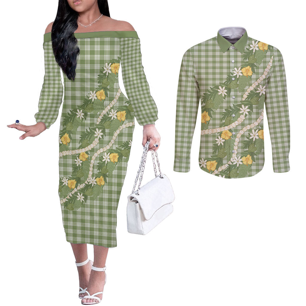 Aloha Puakenikeni Anthurium Pikake Lei Couples Matching Off The Shoulder Long Sleeve Dress and Long Sleeve Button Shirt Green Hawaiian Palaka Pattern