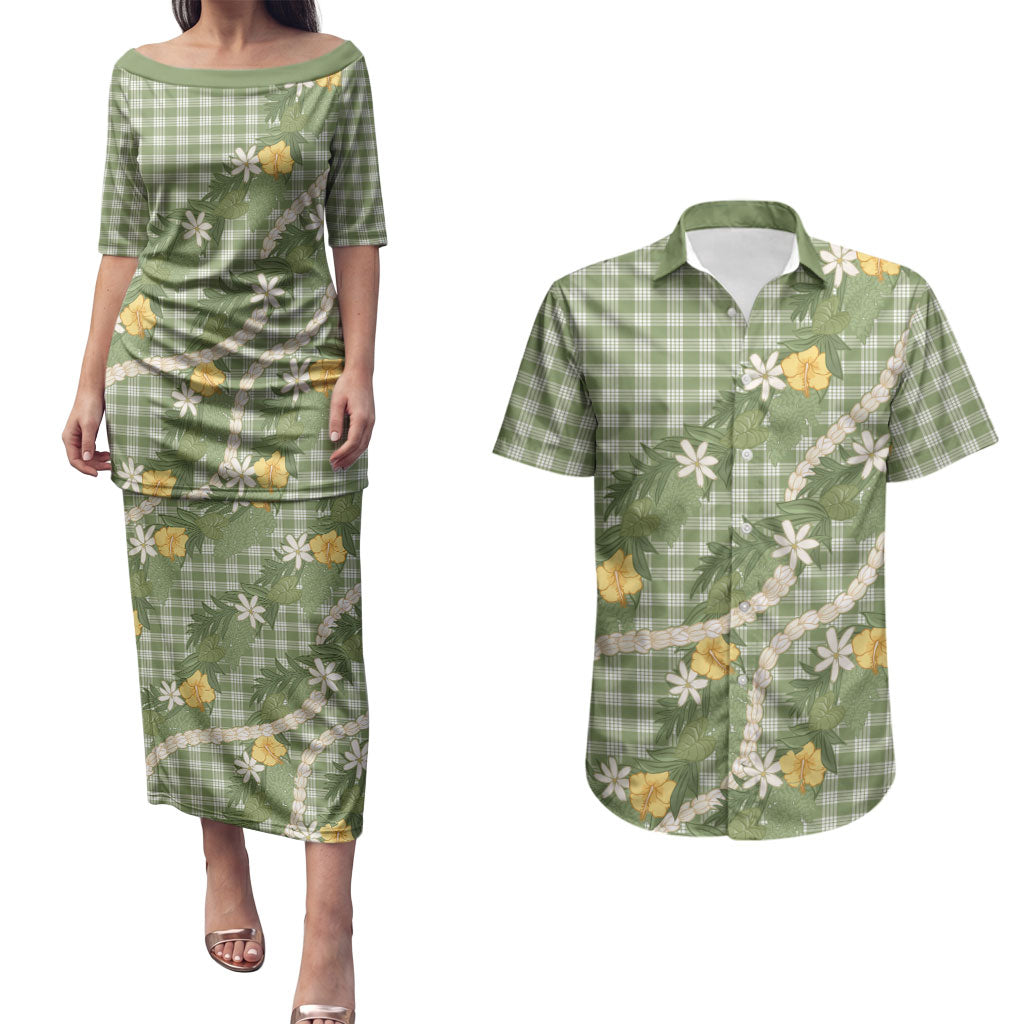 Aloha Puakenikeni Anthurium Pikake Lei Couples Matching Puletasi and Hawaiian Shirt Green Hawaiian Palaka Pattern LT9 Green - Polynesian Pride
