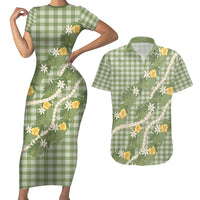 Aloha Puakenikeni Anthurium Pikake Lei Couples Matching Short Sleeve Bodycon Dress and Hawaiian Shirt Green Hawaiian Palaka Pattern