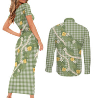 Aloha Puakenikeni Anthurium Pikake Lei Couples Matching Short Sleeve Bodycon Dress and Long Sleeve Button Shirt Green Hawaiian Palaka Pattern