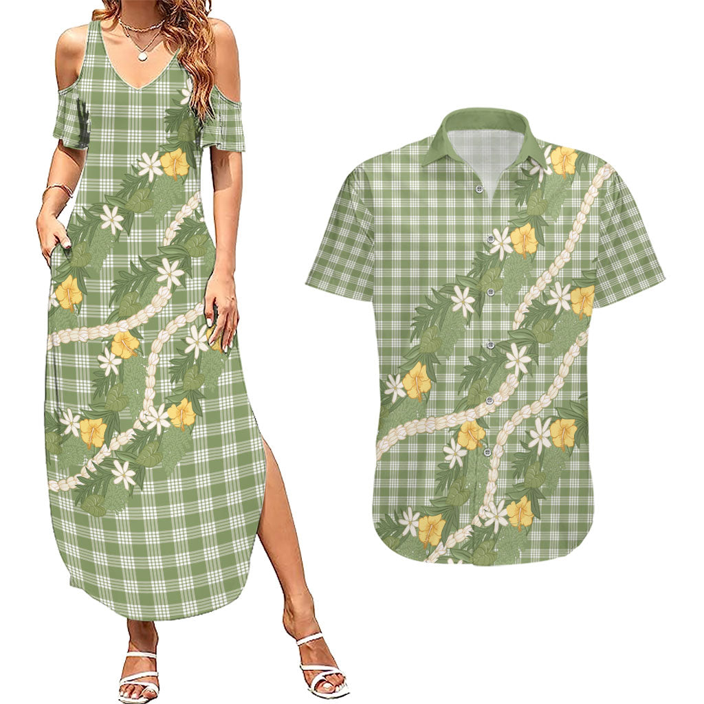 Aloha Puakenikeni Anthurium Pikake Lei Couples Matching Summer Maxi Dress and Hawaiian Shirt Green Hawaiian Palaka Pattern LT9 Green - Polynesian Pride