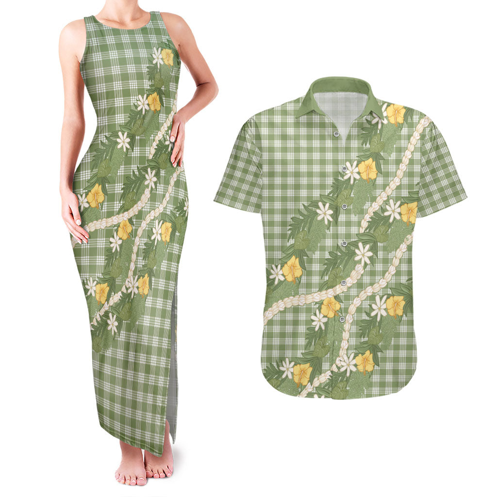 Aloha Puakenikeni Anthurium Pikake Lei Couples Matching Tank Maxi Dress and Hawaiian Shirt Green Hawaiian Palaka Pattern LT9 Green - Polynesian Pride