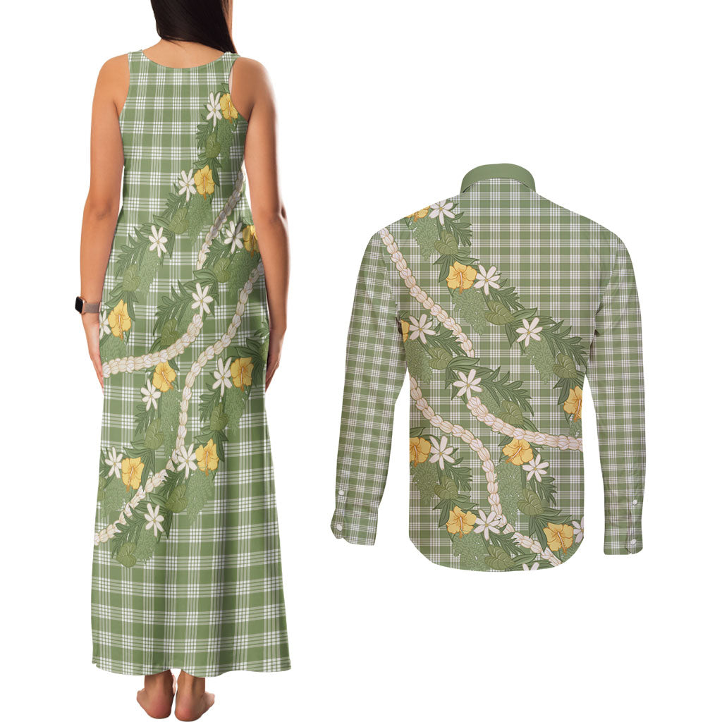 Aloha Puakenikeni Anthurium Pikake Lei Couples Matching Tank Maxi Dress and Long Sleeve Button Shirt Green Hawaiian Palaka Pattern