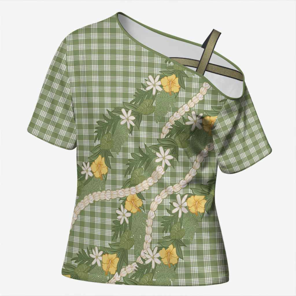 Aloha Puakenikeni Anthurium Pikake Lei Cross Shoulder Shirt Green Hawaiian Palaka Pattern
