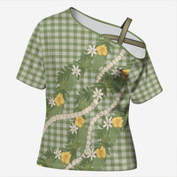 Aloha Puakenikeni Anthurium Pikake Lei Cross Shoulder Shirt Green Hawaiian Palaka Pattern
