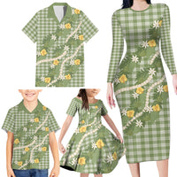 Aloha Puakenikeni Anthurium Pikake Lei Family Matching Long Sleeve Bodycon Dress and Hawaiian Shirt Green Hawaiian Palaka Pattern