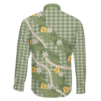 Aloha Puakenikeni Anthurium Pikake Lei Family Matching Long Sleeve Bodycon Dress and Hawaiian Shirt Green Hawaiian Palaka Pattern