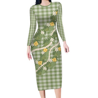 Aloha Puakenikeni Anthurium Pikake Lei Family Matching Long Sleeve Bodycon Dress and Hawaiian Shirt Green Hawaiian Palaka Pattern
