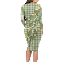 Aloha Puakenikeni Anthurium Pikake Lei Family Matching Long Sleeve Bodycon Dress and Hawaiian Shirt Green Hawaiian Palaka Pattern