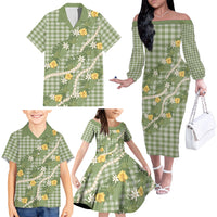 Aloha Puakenikeni Anthurium Pikake Lei Family Matching Off The Shoulder Long Sleeve Dress and Hawaiian Shirt Green Hawaiian Palaka Pattern