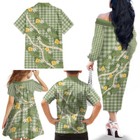 Aloha Puakenikeni Anthurium Pikake Lei Family Matching Off The Shoulder Long Sleeve Dress and Hawaiian Shirt Green Hawaiian Palaka Pattern