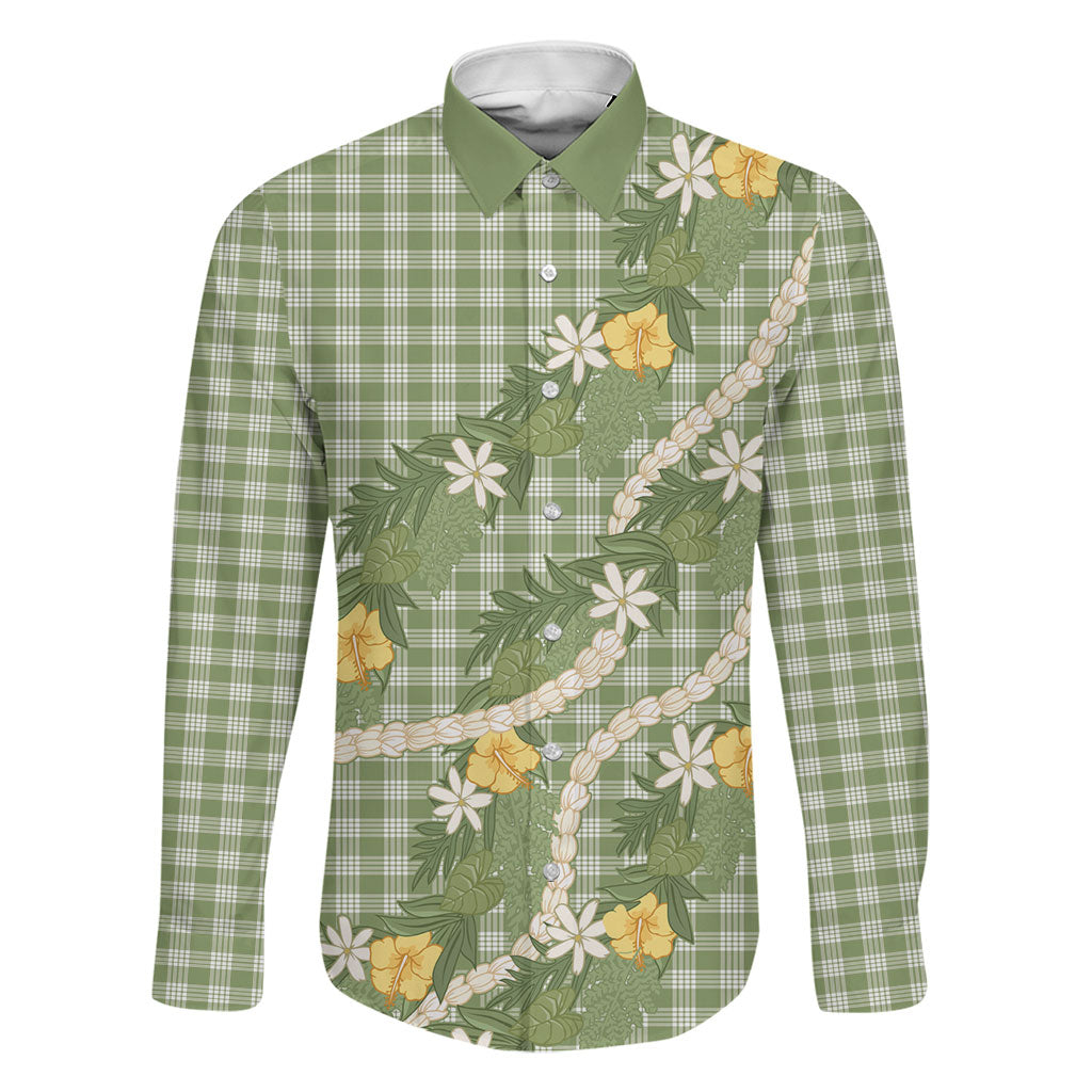 Aloha Puakenikeni Anthurium Pikake Lei Family Matching Off The Shoulder Long Sleeve Dress and Hawaiian Shirt Green Hawaiian Palaka Pattern