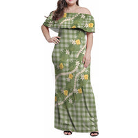 Aloha Puakenikeni Anthurium Pikake Lei Family Matching Off Shoulder Maxi Dress and Hawaiian Shirt Green Hawaiian Palaka Pattern