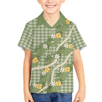 Aloha Puakenikeni Anthurium Pikake Lei Family Matching Off Shoulder Maxi Dress and Hawaiian Shirt Green Hawaiian Palaka Pattern