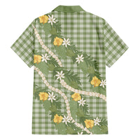 Aloha Puakenikeni Anthurium Pikake Lei Family Matching Off Shoulder Short Dress and Hawaiian Shirt Green Hawaiian Palaka Pattern