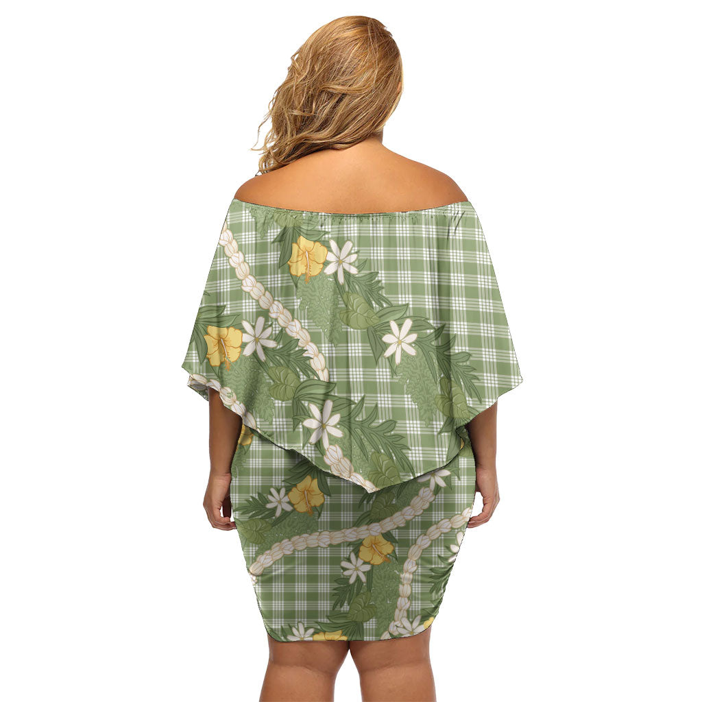 Aloha Puakenikeni Anthurium Pikake Lei Family Matching Off Shoulder Short Dress and Hawaiian Shirt Green Hawaiian Palaka Pattern